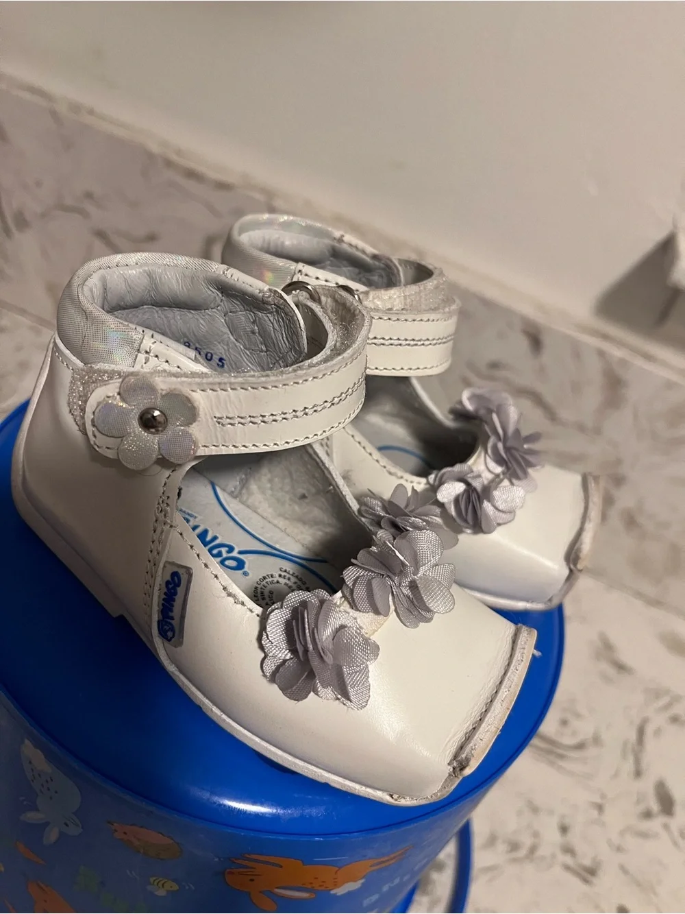 White Floral Strap Kids Shoes